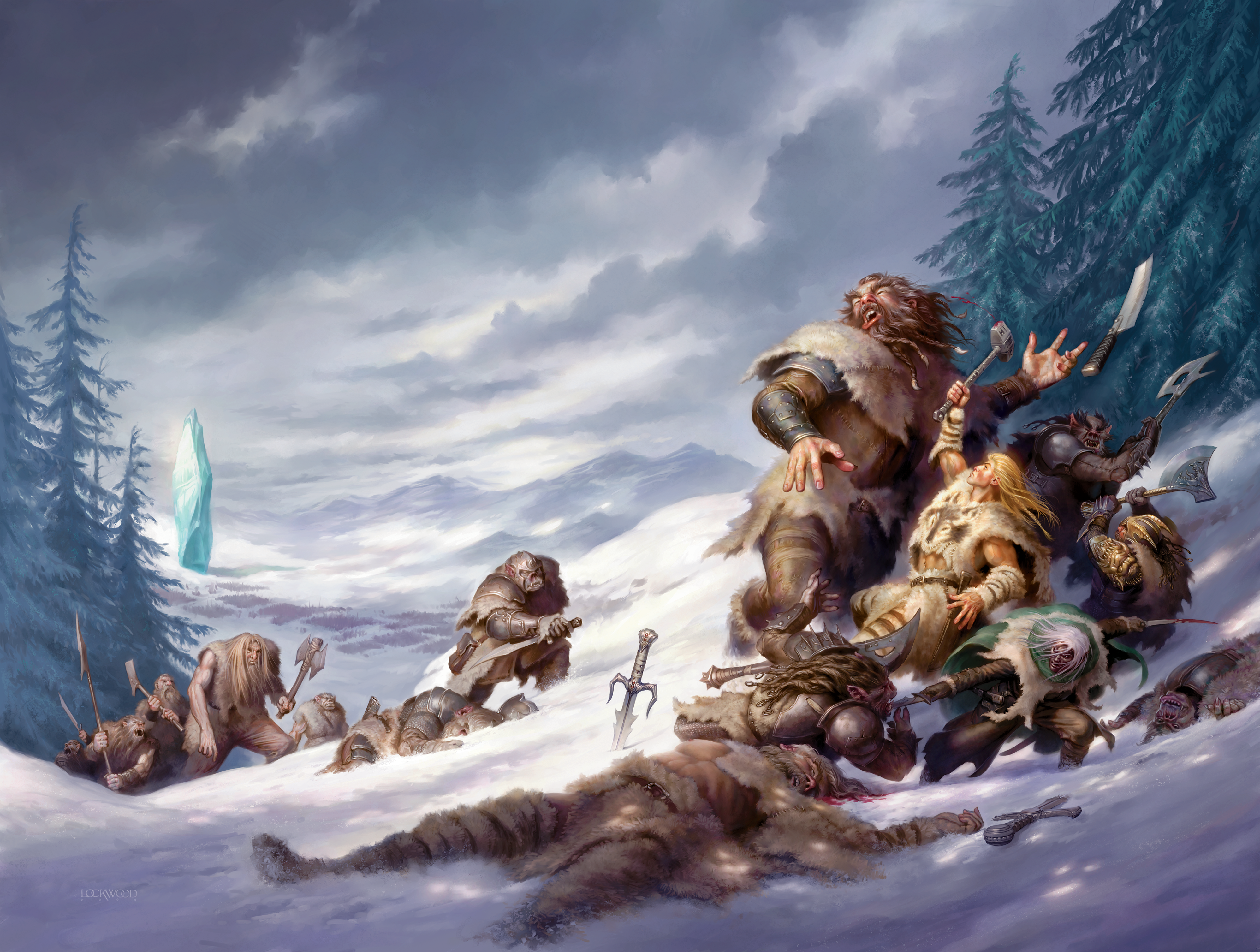 Na direita um gigante e orcs estão sendo golpeados por um bárbaro de cabelos louros, um anão com um machado e um elfo negro de cabelos brancos. Ao fundo uma paisagem coberta de neve com mais orcs e gigantes se aproximando