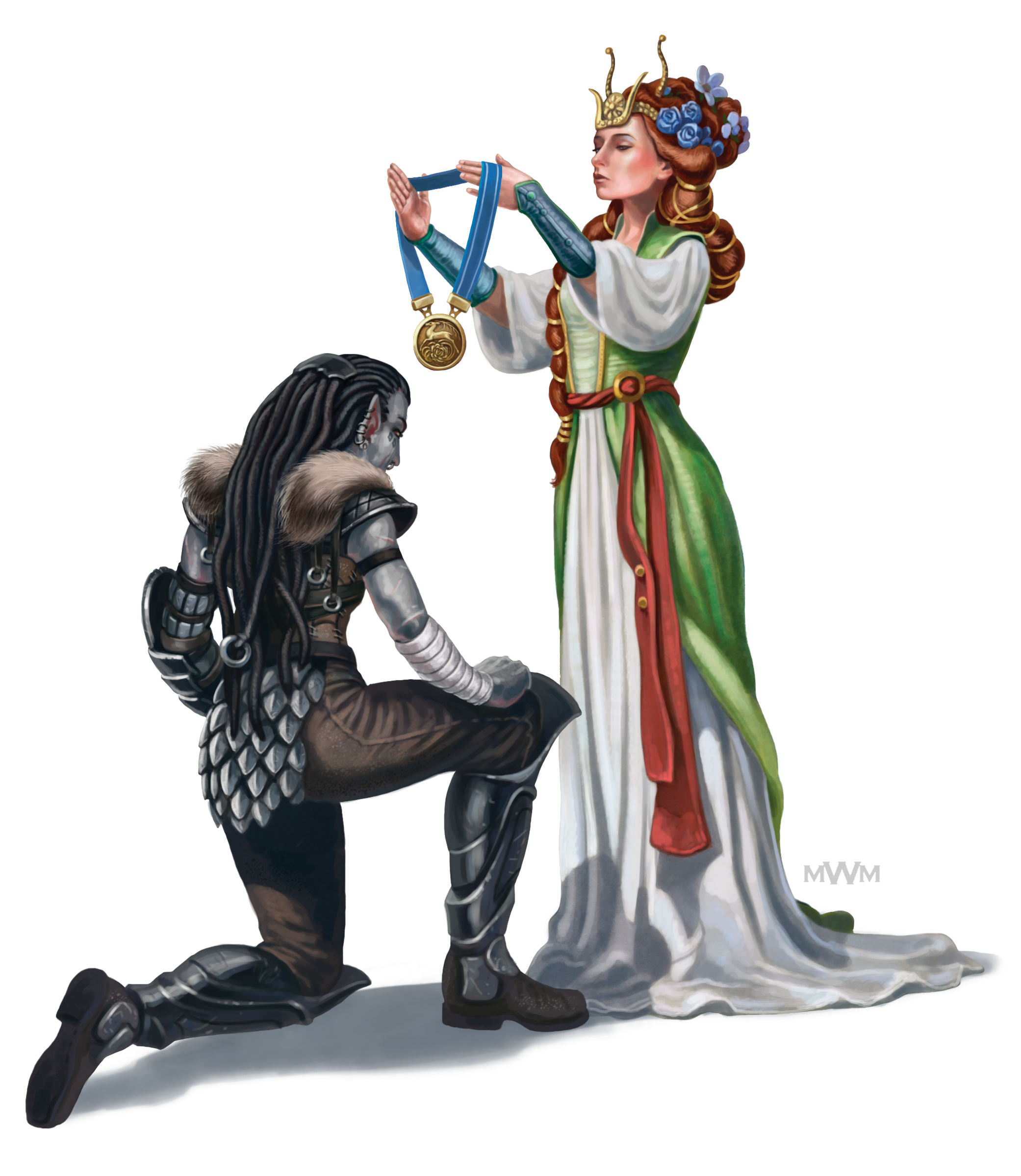 Ilustração de mulher com roupas nobres de pé, erguendo nas mãos uma medalha para colocar na cabeça de uma mulher guerreira, ajoelhada à sua frente.