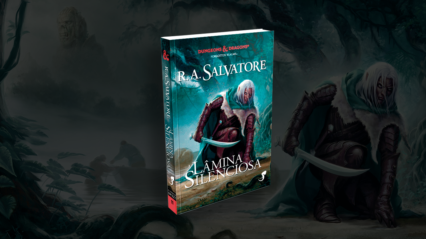 Capa do livro A Lâmina Silenciosa no centro, ilustração ao fundo mostrando o elfo negro Drizzt com um pântano ao fundo
