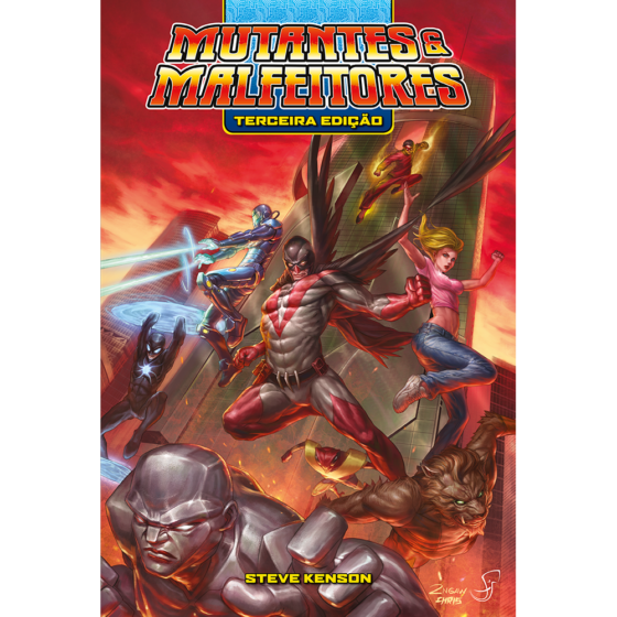 No alto está o título Mutantes e Malfeitores terceira edição. No centro super-heróis no ar, saltando de um prédio. Estão um humanóide robótico saltando lasers pelas mãos, no centro um homem musculoso com asas e máscara de alguma ave. Na direita uma mulher louca e, embaixo dela, um homem-leão. Bem embaixo um homem muito musculoso com corpo de pedra.