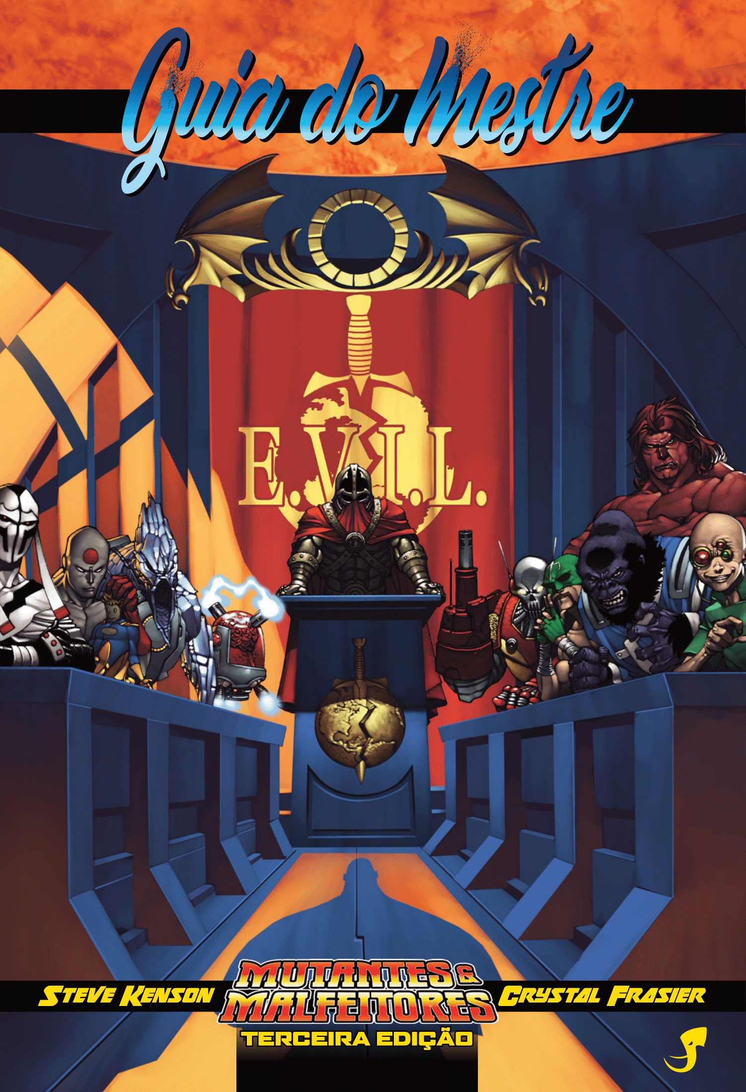 Capa do Guila do Mestre para Muatntes e Malfeitores. De cada lado uma mesa com vários vilões perfilados. Ao meio, um púlpito com um vilão mascara e de armadura, tendo o símbolo de um planeta dourado. Ao fundo a sigla EVIL.